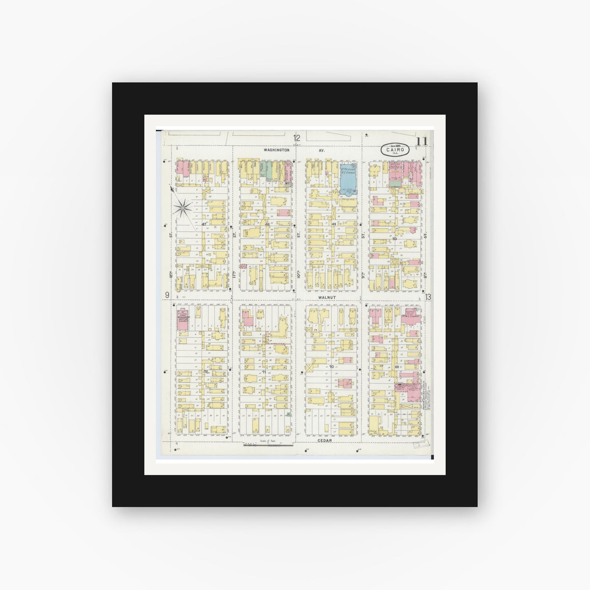 Old map wall art mockup — black gallery frame with white mat — Sanborn Fire Insurance Map from Cairo, Alexander County, Illinois (1896), Sheet #0011