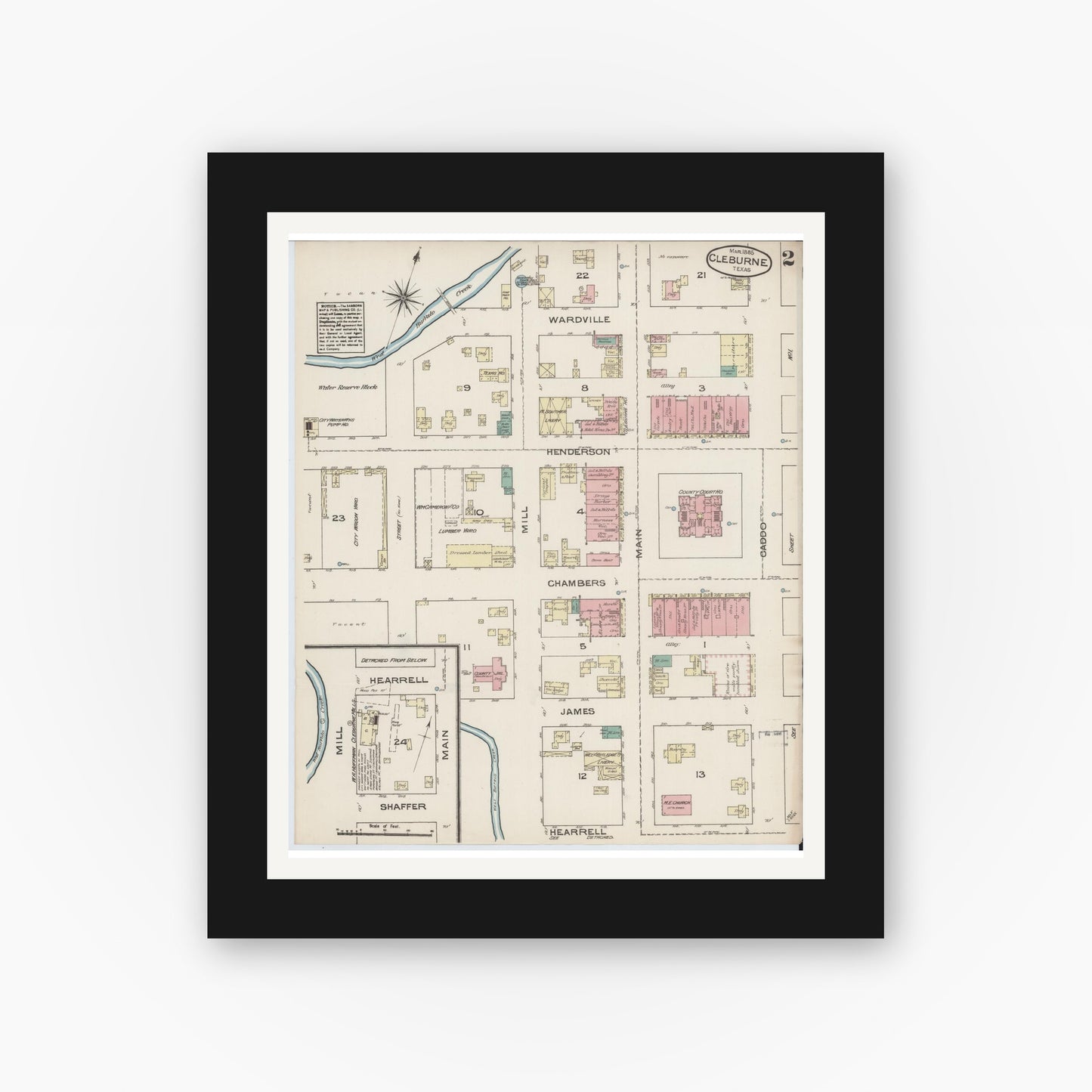 Old map wall art mockup — black gallery frame with white mat — Sanborn Fire Insurance Map from Cleburne, Johnson County, Texas (1885), Sheet #0002