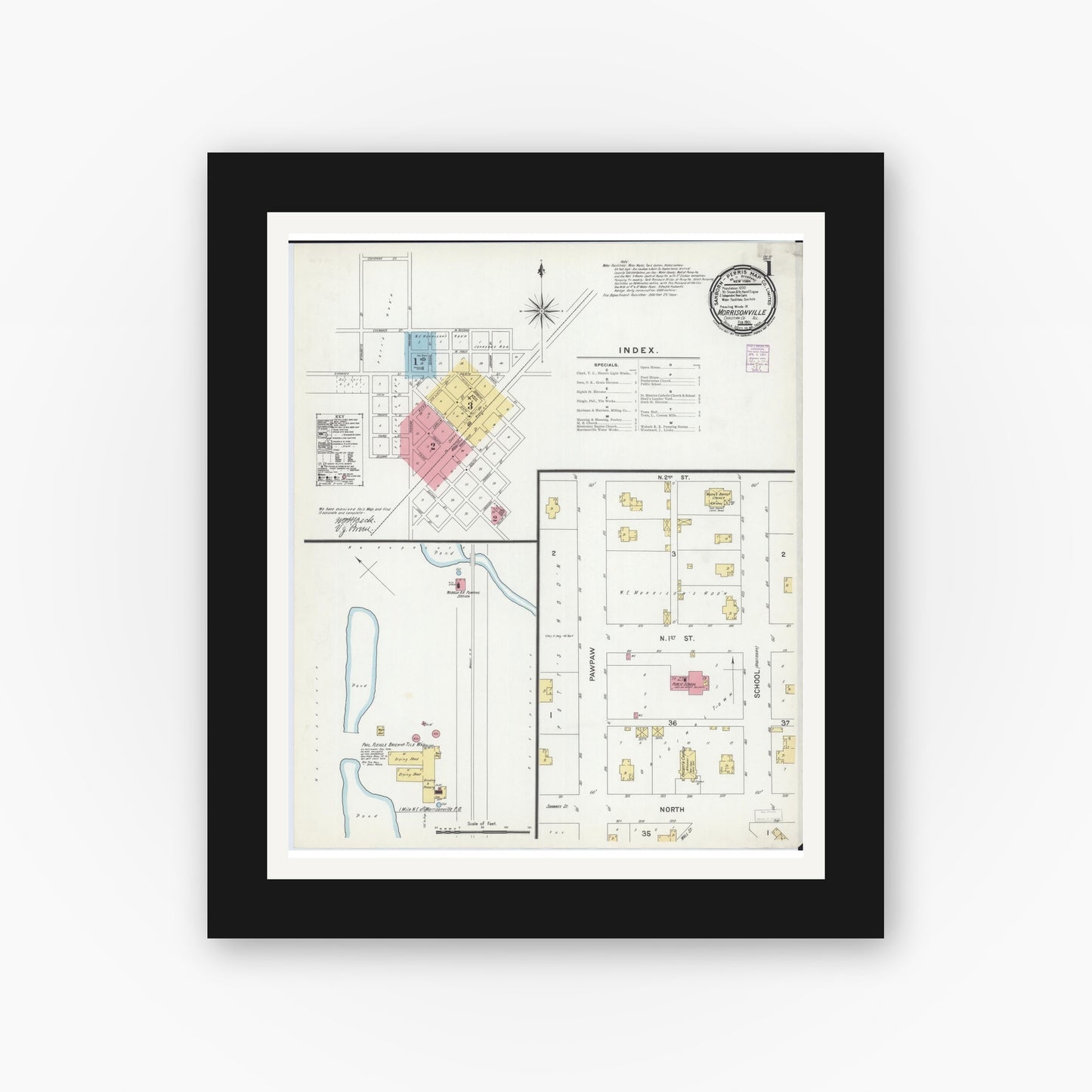 Old map wall art mockup — black gallery frame with white mat — Sanborn Fire Insurance Map from Morrisonville, Christian County, Illinois (1901) - Complete Map Set