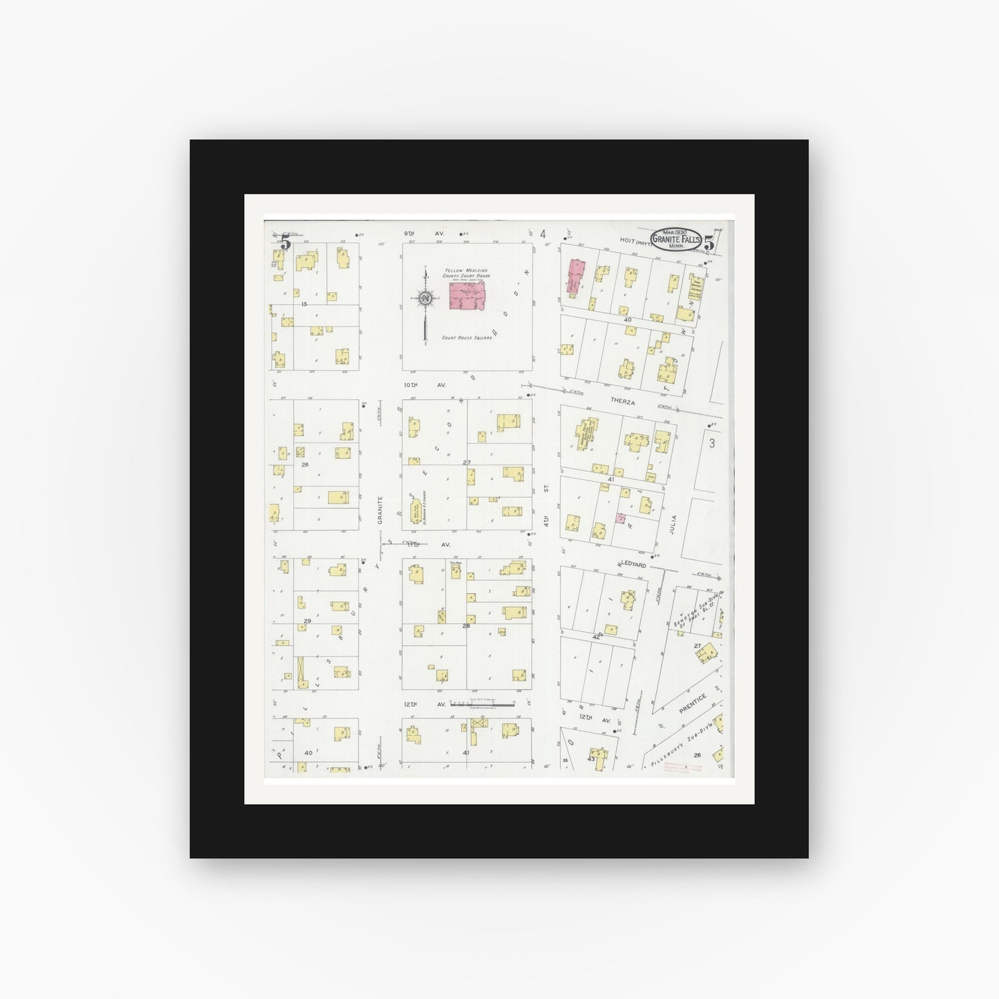 Old map wall art mockup — black gallery frame with white mat — Sanborn Fire Insurance Map from Granite Falls, Yellow Medicine And Chippewa Counties, Minnesota (1930), Sheet #0005