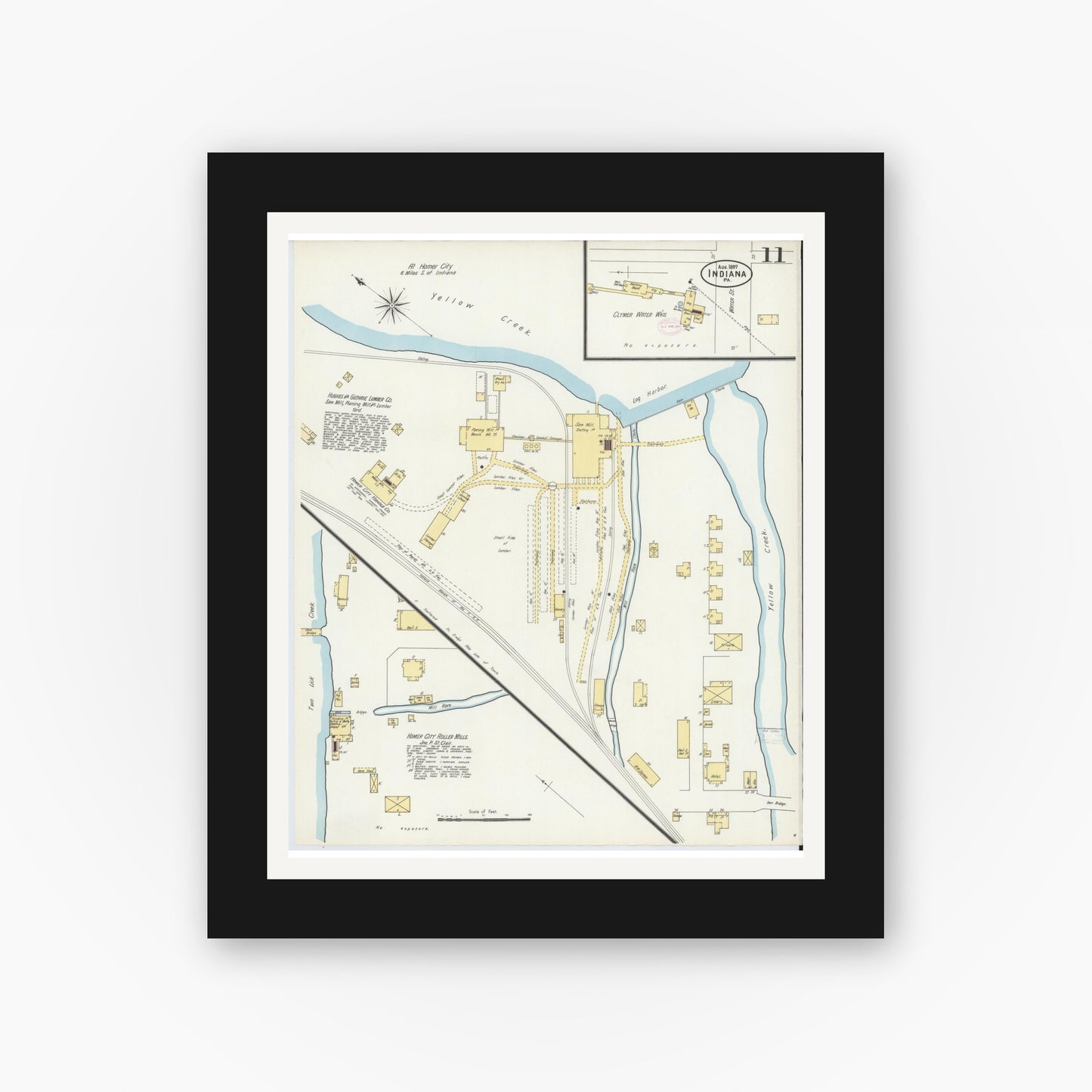 Old map wall art mockup — black gallery frame with white mat — Sanborn Fire Insurance Map from Indiana, Indiana County, Pennsylvania (1888), Sheet #0011