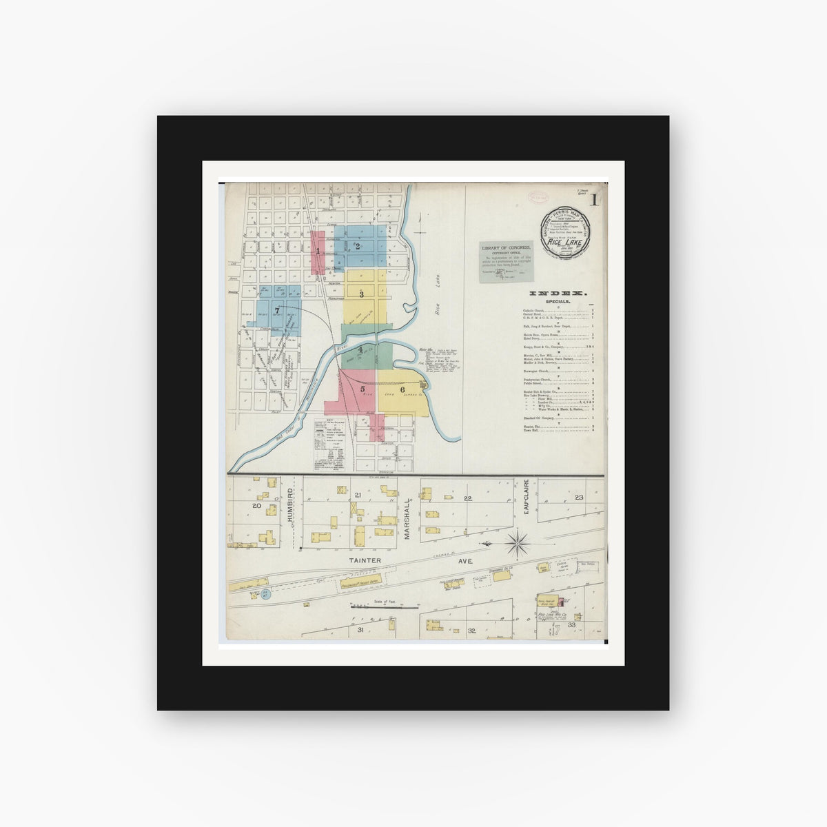 Old map wall art mockup — black gallery frame with white mat — Sanborn Fire Insurance Map from Rice Lake, Barron County, Wisconsin (1893) - Complete Map Set
