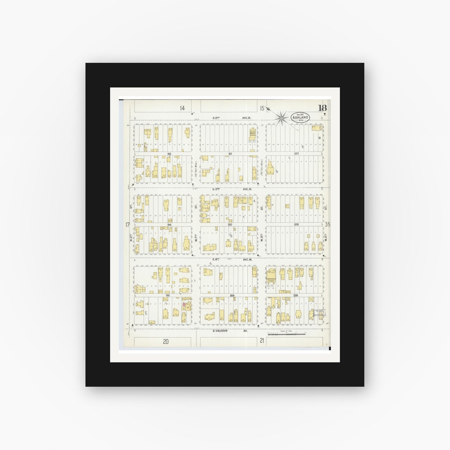 Old map wall art mockup — black gallery frame with white mat — Sanborn Fire Insurance Map from Ashland, Ashland County, Wisconsin (1901), Sheet #0018
