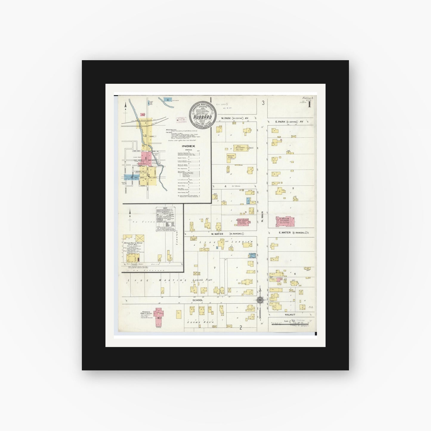 Old map wall art mockup — black gallery frame with white mat — Sanborn Fire Insurance Map from Hubbard, Trumbull County, Ohio (1911) - Complete Map Set