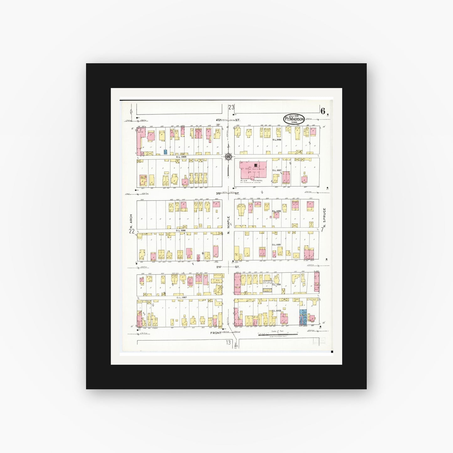 Old map wall art mockup — black gallery frame with white mat — Sanborn Fire Insurance Map from Fort Madison, Lee County, Iowa (1919), Sheet #0006