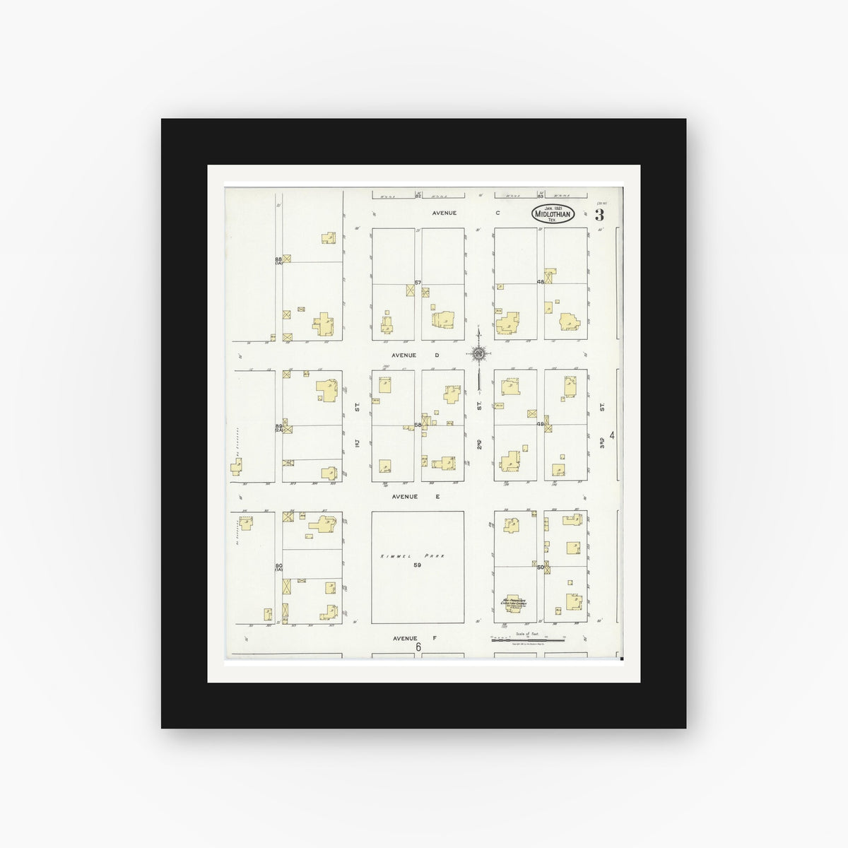 Old map wall art mockup — black gallery frame with white mat — Sanborn Fire Insurance Map from Midlothian, Ellis County, Texas (1921), Sheet #0003