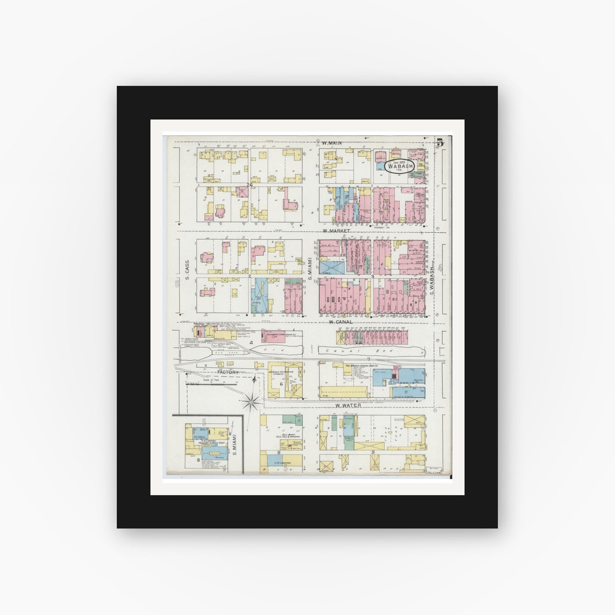 Old map wall art mockup — black gallery frame with white mat — Sanborn Fire Insurance Map from Wabash, Wabash County, Indiana (1893), Sheet #0005
