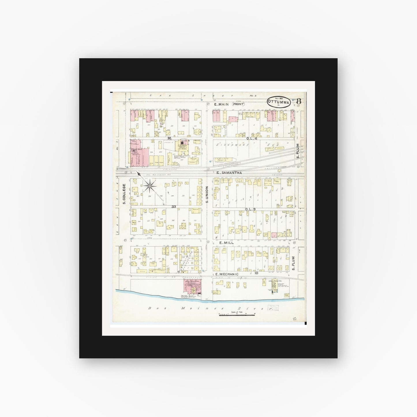 Old map wall art mockup β black gallery frame with white mat β Sanborn Fire Insurance Map from Ottumwa, Wapello County, Iowa (1891), Sheet #0008