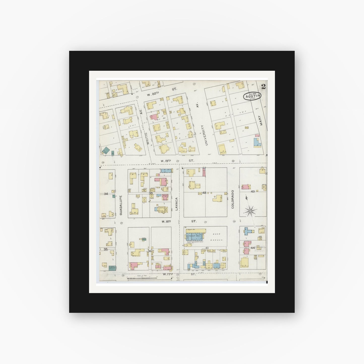 Old map wall art mockup — black gallery frame with white mat — Sanborn Fire Insurance Map from Austin, Travis County, Texas (1894), Sheet #0002