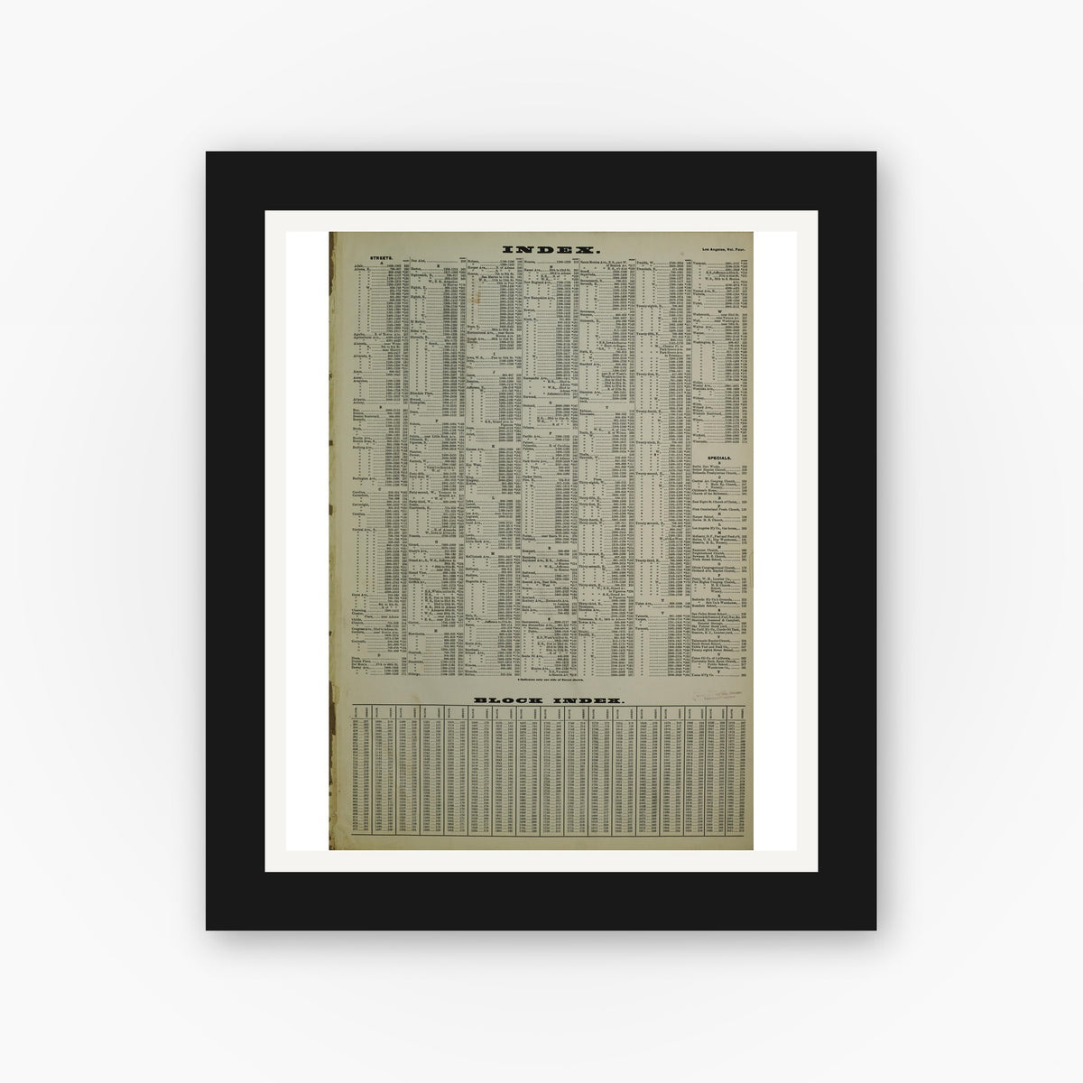Old map wall art mockup — black gallery frame with white mat — Sanborn Fire Insurance Map from Los Angeles, Los Angeles County, California (1900), Sheet #0001