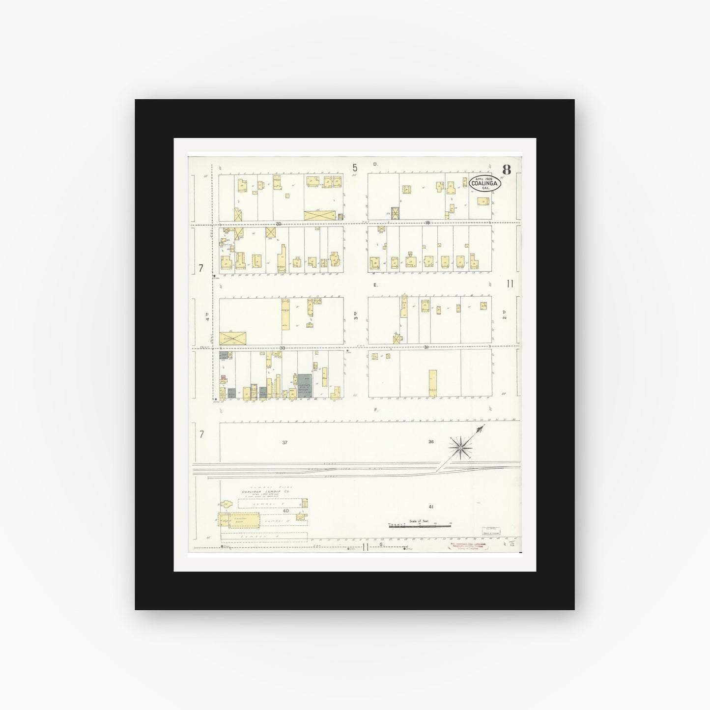 Old map wall art mockup — black gallery frame with white mat — Sanborn Fire Insurance Map from Coalinga, Fresno County, California (1909), Sheet #0008