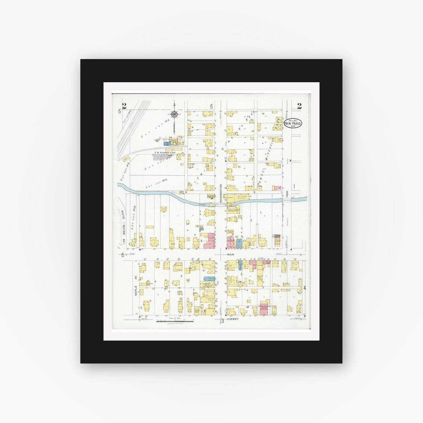Old map wall art mockup — black gallery frame with white mat — Sanborn Fire Insurance Map from New Paris, Preble County, Ohio (1927), Sheet #0002