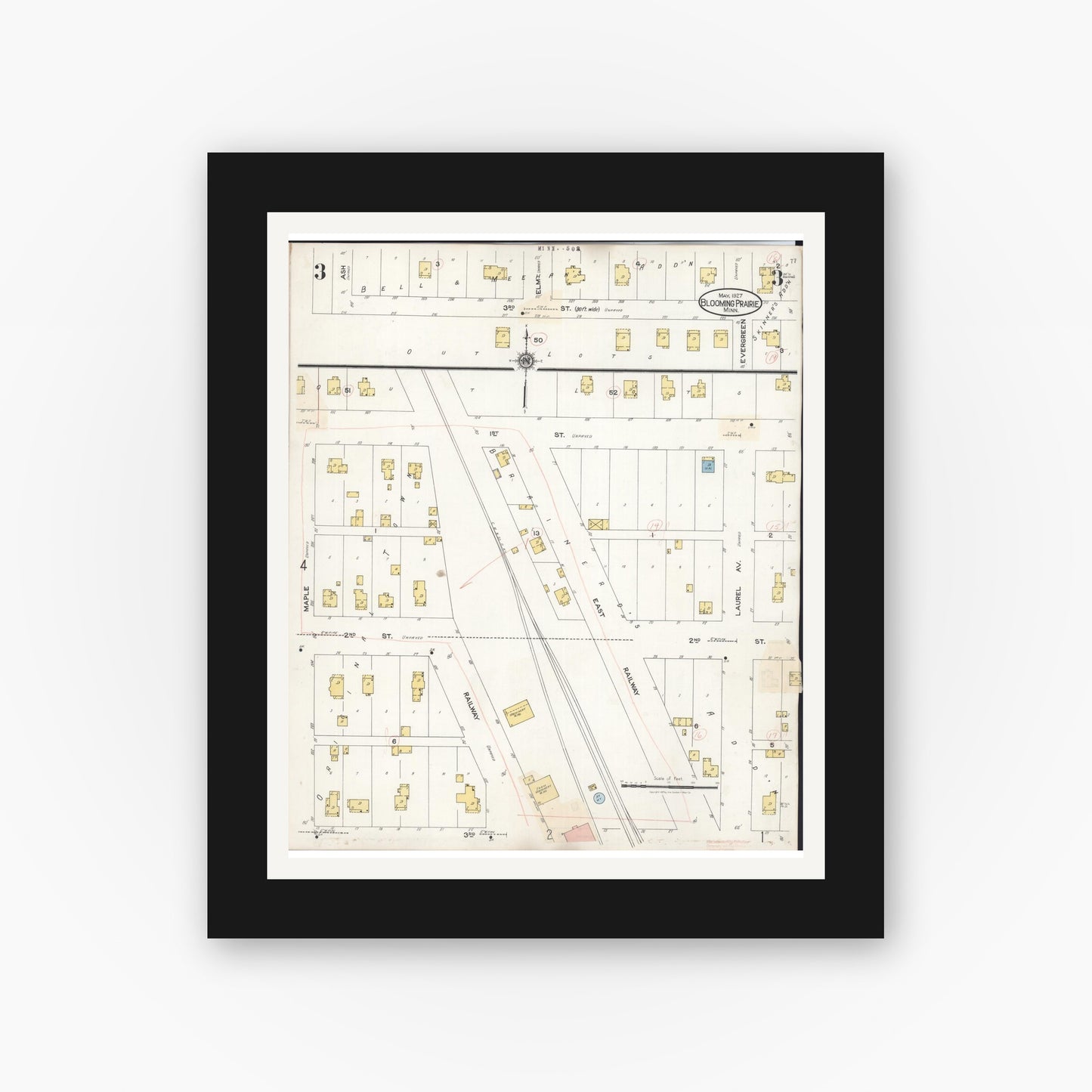Old map wall art mockup — black gallery frame with white mat — Sanborn Fire Insurance Map from Blooming Prairie, Steele County, Minnesota (1937), Sheet #0003