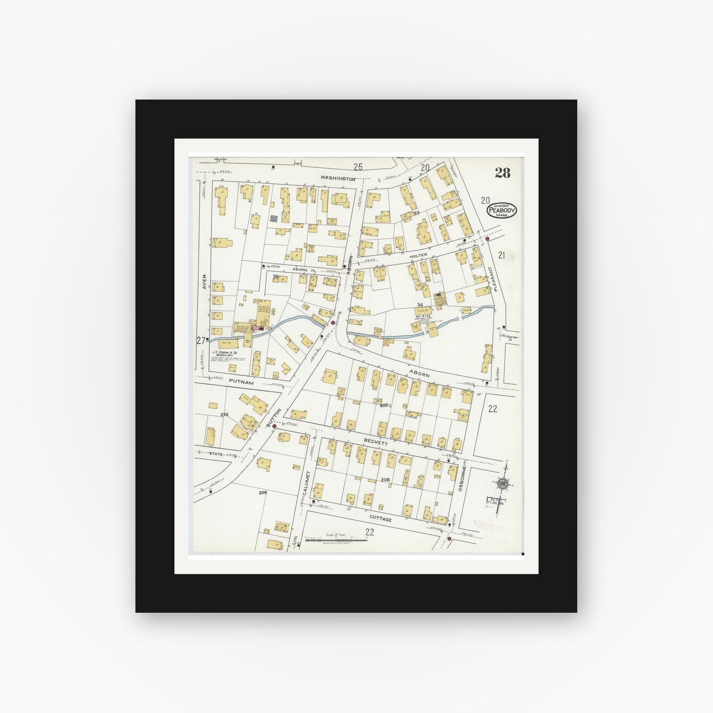 Old map wall art mockup — black gallery frame with white mat — Sanborn Fire Insurance Map from Peabody, Essex County, Massachusetts (1920), Sheet #0028