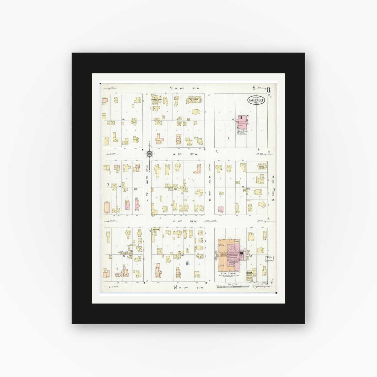 Old map wall art mockup — black gallery frame with white mat — Sanborn Fire Insurance Map from Faribault, Rice County, Minnesota (1914), Sheet #0008