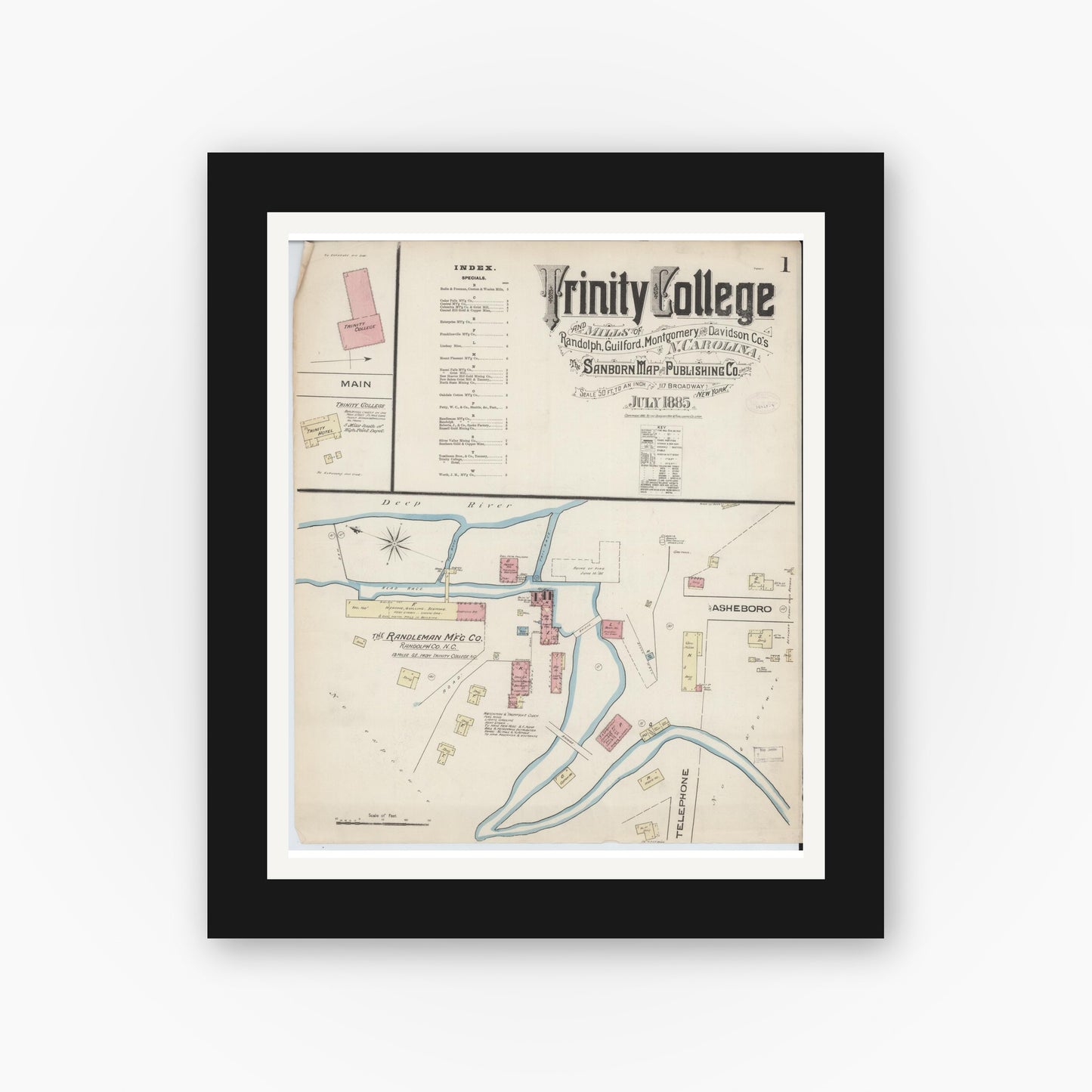 Old map wall art mockup — black gallery frame with white mat — Sanborn Fire Insurance Map from Trinity College, Randolph County, North Carolina (1885) - Complete Map Set