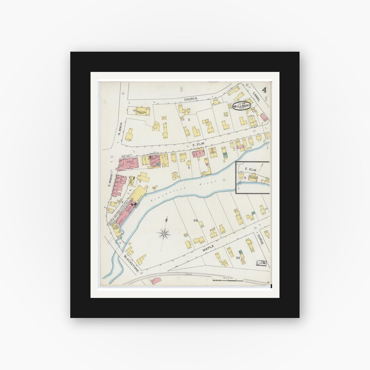 Old map wall art mockup — black gallery frame with white mat — Sanborn Fire Insurance Map from Millbury, Worcester County, Massachusetts (1894), Sheet #0004