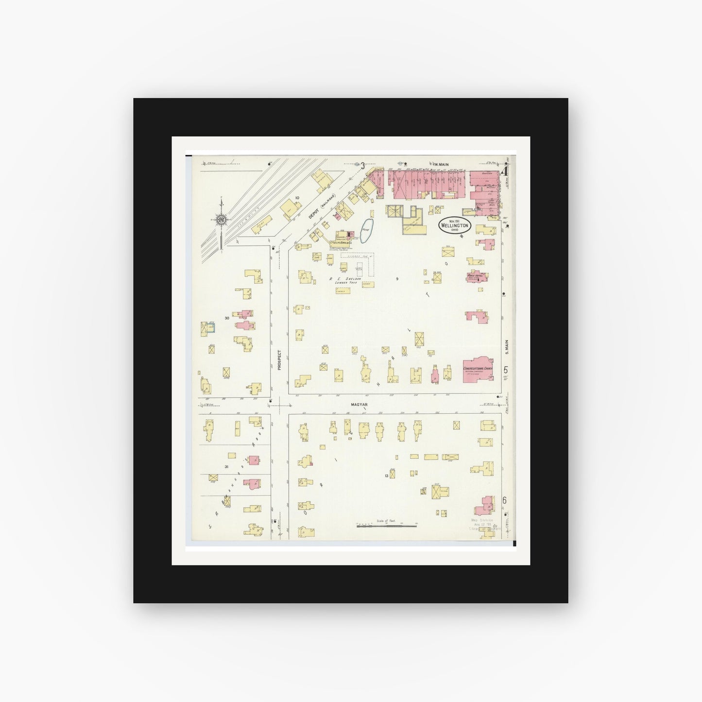 Old map wall art mockup — black gallery frame with white mat — Sanborn Fire Insurance Map from Wellington, Lorain County, Ohio (1911), Sheet #0004