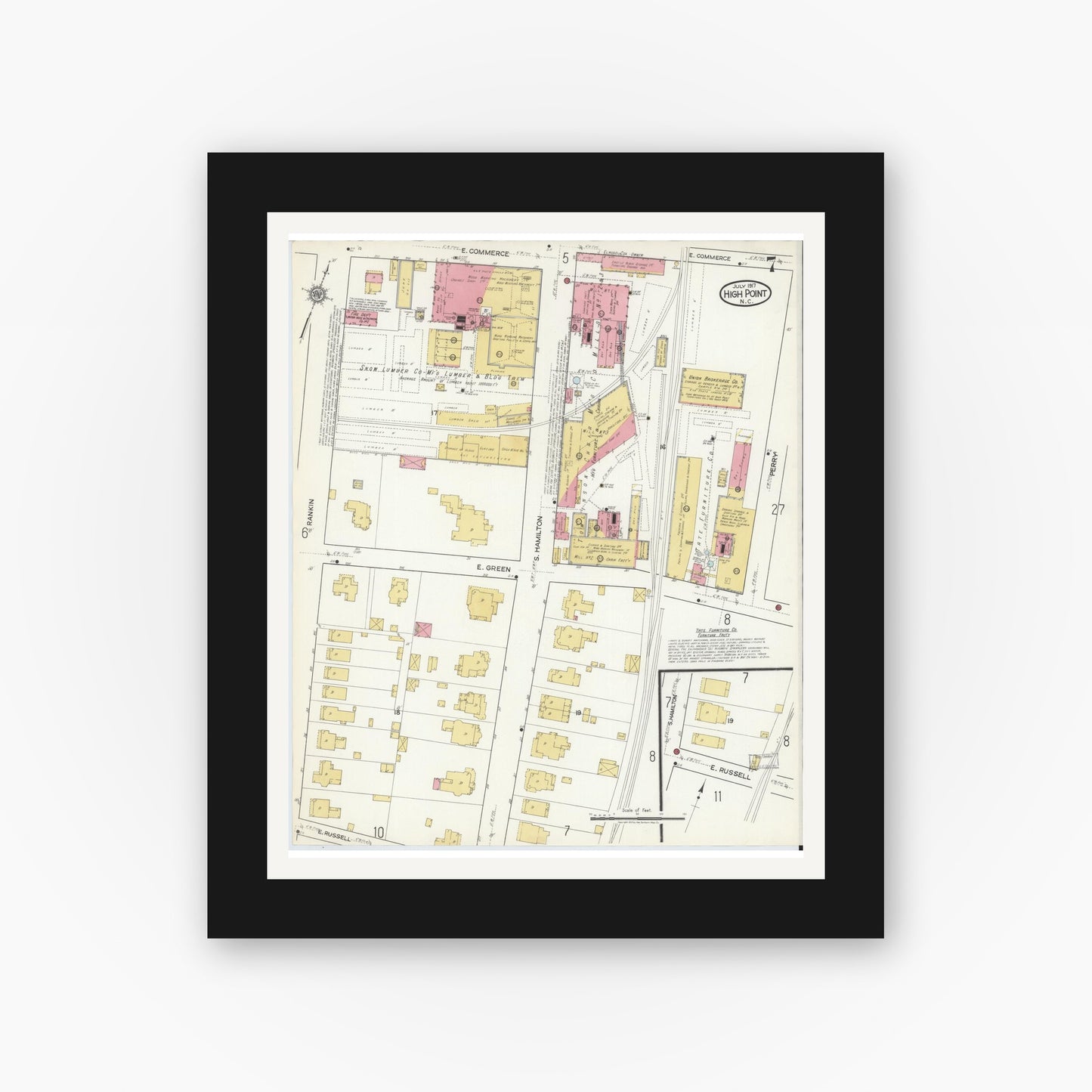 Old map wall art mockup — black gallery frame with white mat — Sanborn Fire Insurance Map from High Point, Guilford County, North Carolina (1917), Sheet #0007