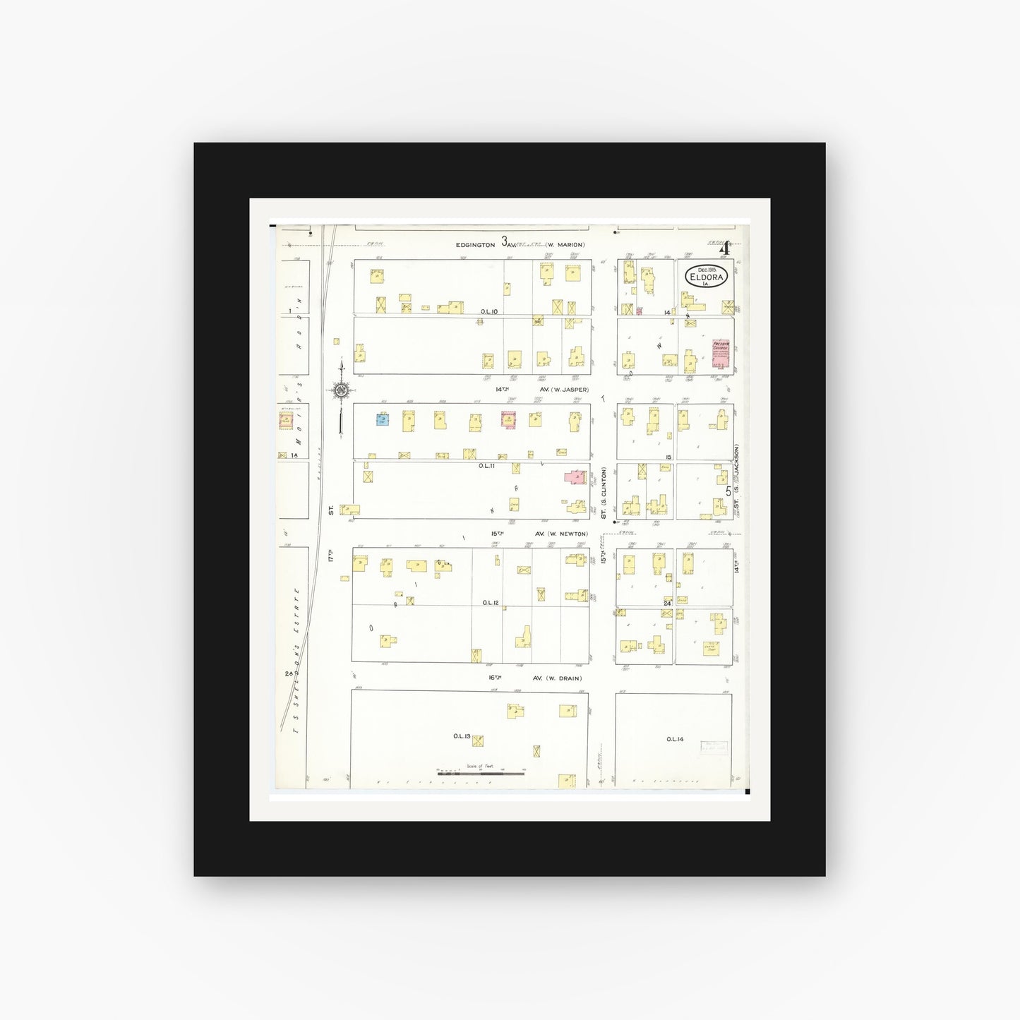 Old map wall art mockup β black gallery frame with white mat β Sanborn Fire Insurance Map from Eldora, Hardin County, Iowa (1915), Sheet #0004