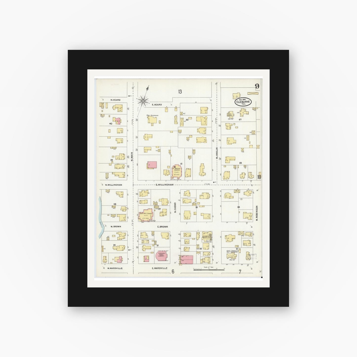 Old map wall art mockup — black gallery frame with white mat — Sanborn Fire Insurance Map from Cleburne, Johnson County, Texas (1904), Sheet #0009