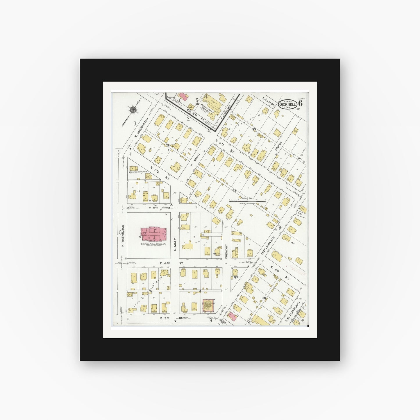 Old map wall art mockup — black gallery frame with white mat — Sanborn Fire Insurance Map from Bicknell, Knox County, Indiana (1921), Sheet #0006