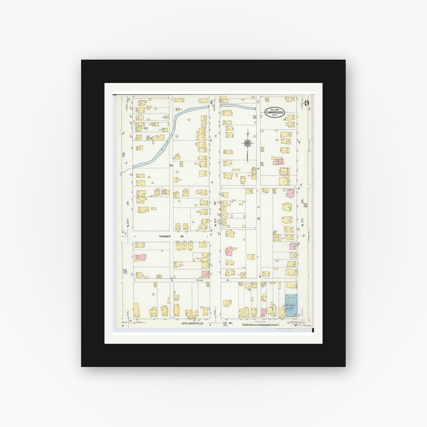 Old map wall art mockup — black gallery frame with white mat — Sanborn Fire Insurance Map from Cambridge, Guernsey County, Ohio (1909), Sheet #0009