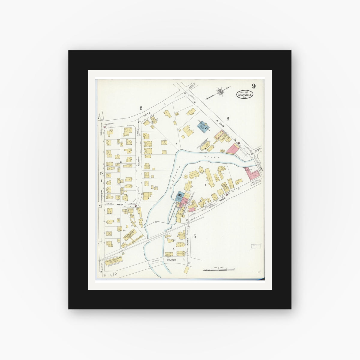Old map wall art mockup — black gallery frame with white mat — Sanborn Fire Insurance Map from Granville, Washington County, New York (1912), Sheet #0009