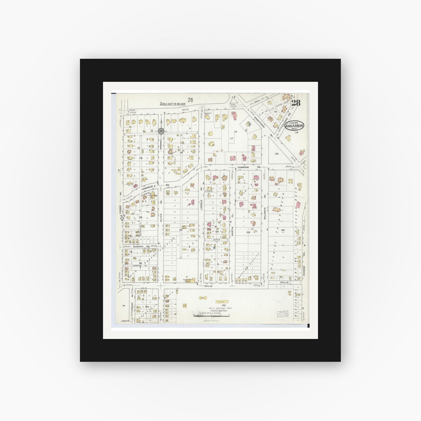 Old map wall art mockup — black gallery frame with white mat — Sanborn Fire Insurance Map from Ann Arbor, Washtenaw County, Michigan (1916), Sheet #0028