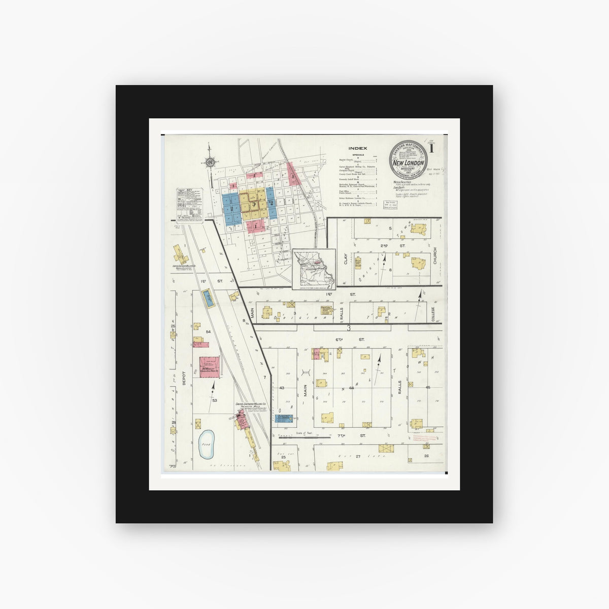Old map wall art mockup — black gallery frame with white mat — Sanborn Fire Insurance Map from New London, Ralls County, Missouri (1917) - Complete Map Set