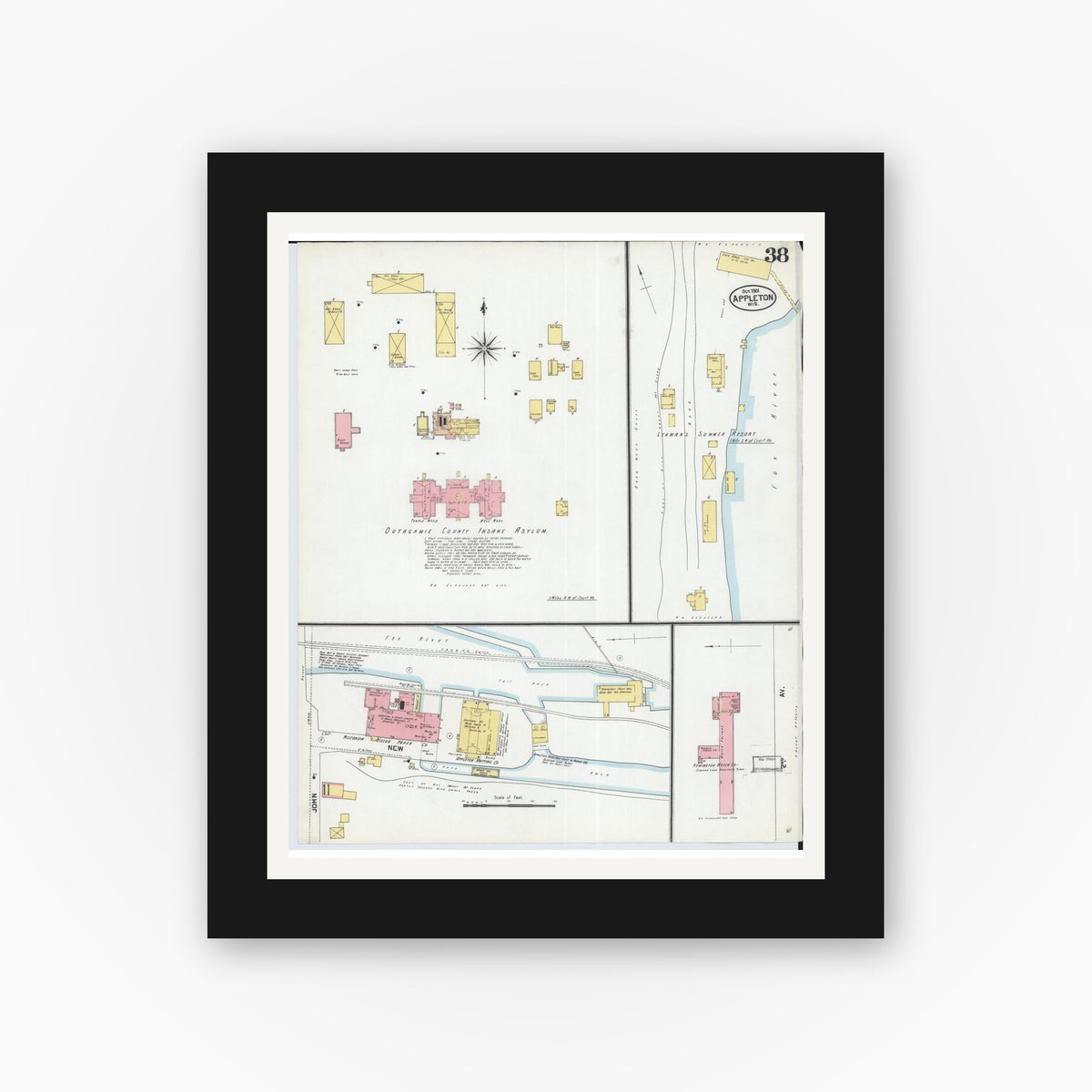 Old map wall art mockup — black gallery frame with white mat — Sanborn Fire Insurance Map from Appleton, Outagamie County, Wisconsin (1901), Sheet #0038