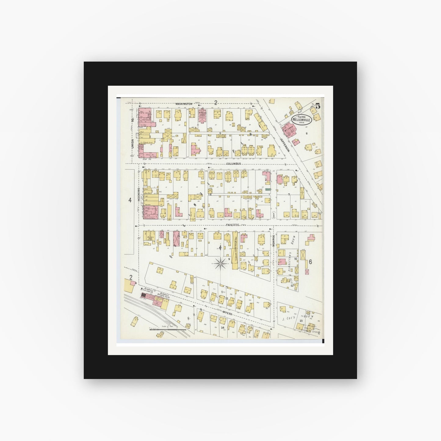 Old map wall art mockup — black gallery frame with white mat — Sanborn Fire Insurance Map from Nelsonville, Athens County, Ohio (1900), Sheet #0005