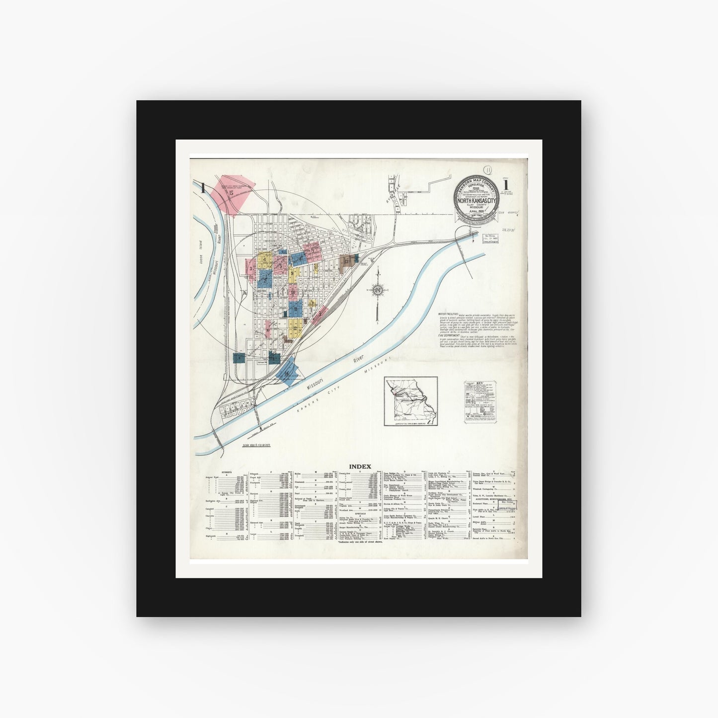 Old map wall art mockup — black gallery frame with white mat — Sanborn Fire Insurance Map from North Kansas City, Clay County, Missouri (1926), Sheet #0001