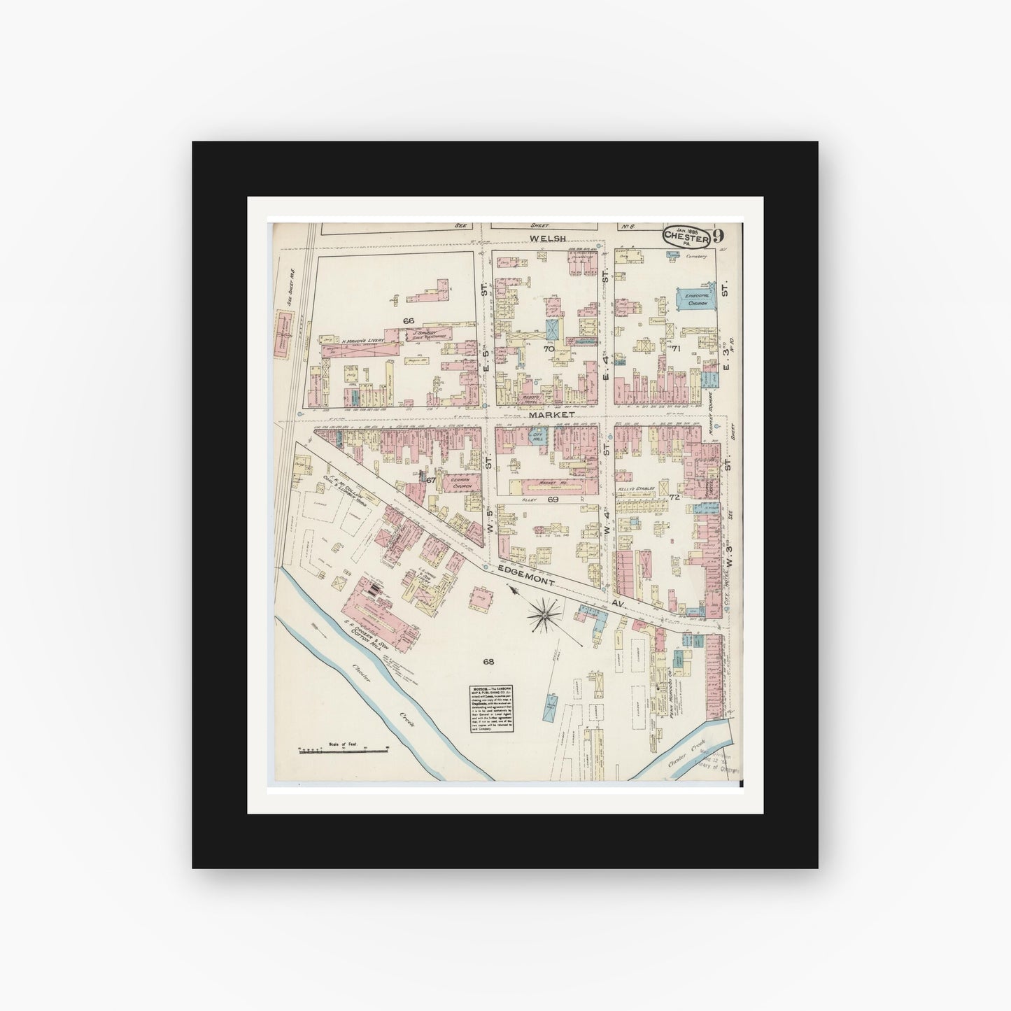 Old map wall art mockup — black gallery frame with white mat — Sanborn Fire Insurance Map from Chester, Delaware County, Pennsylvania (1885), Sheet #0009