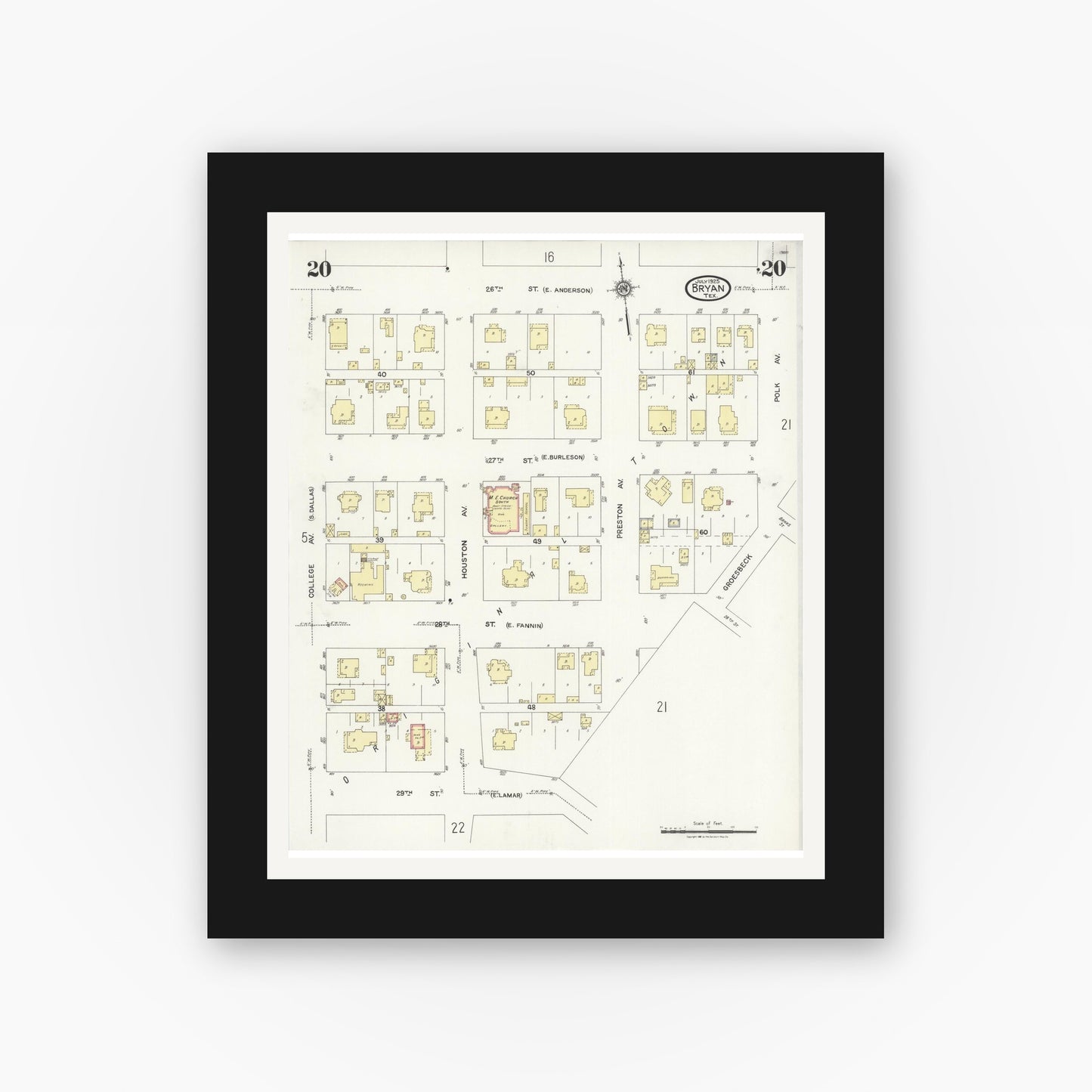Old map wall art mockup — black gallery frame with white mat — Sanborn Fire Insurance Map from Bryan, Brazos County, Texas (1925), Sheet #0020