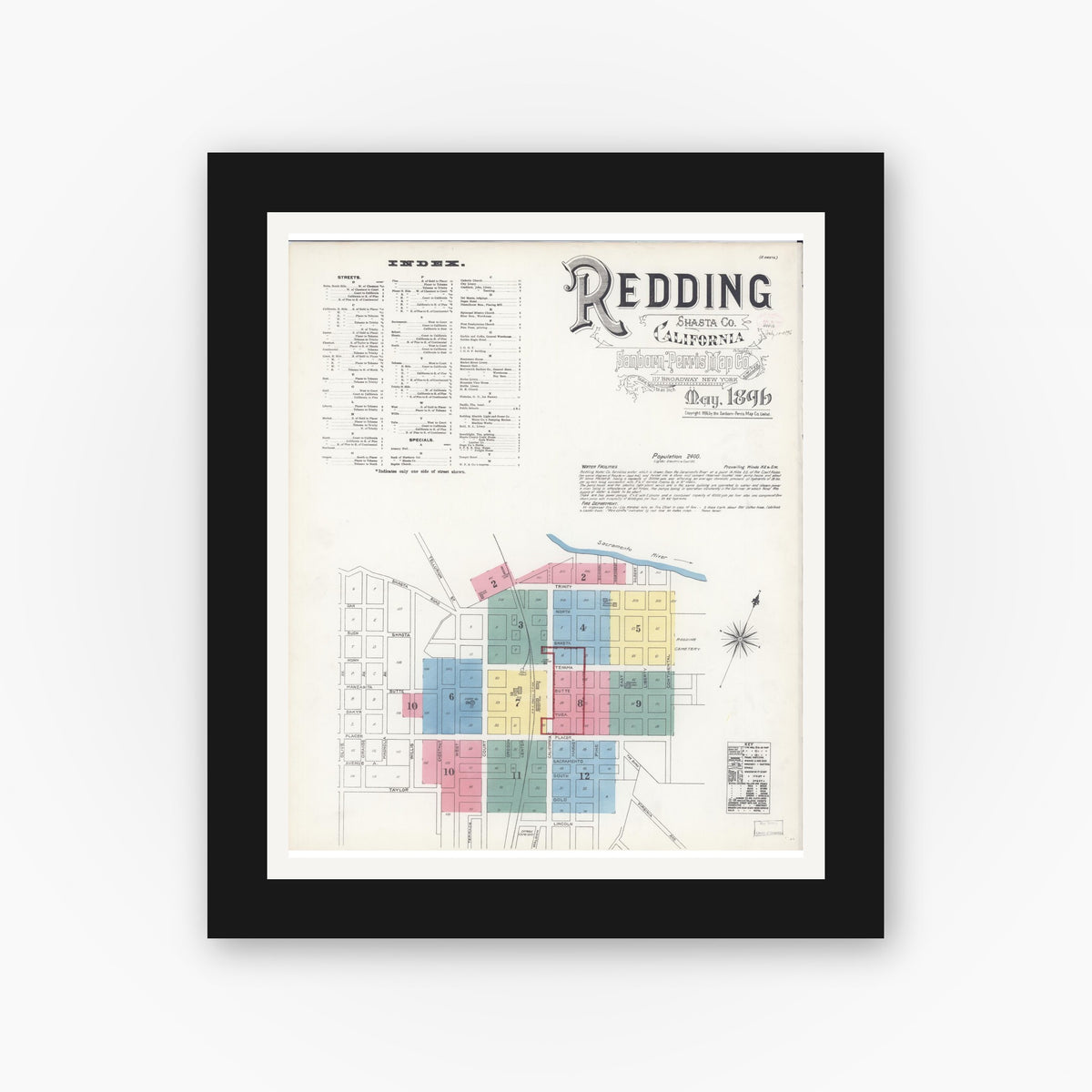 Old map wall art mockup — black gallery frame with white mat — Sanborn Fire Insurance Map from Redding, Shasta County, California (1896) - Complete Map Set