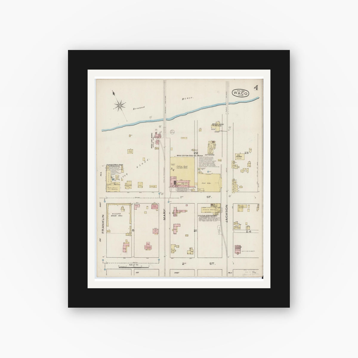Old map wall art mockup — black gallery frame with white mat — Sanborn Fire Insurance Map from Waco, McLennan County, Texas (1885), Sheet #0004