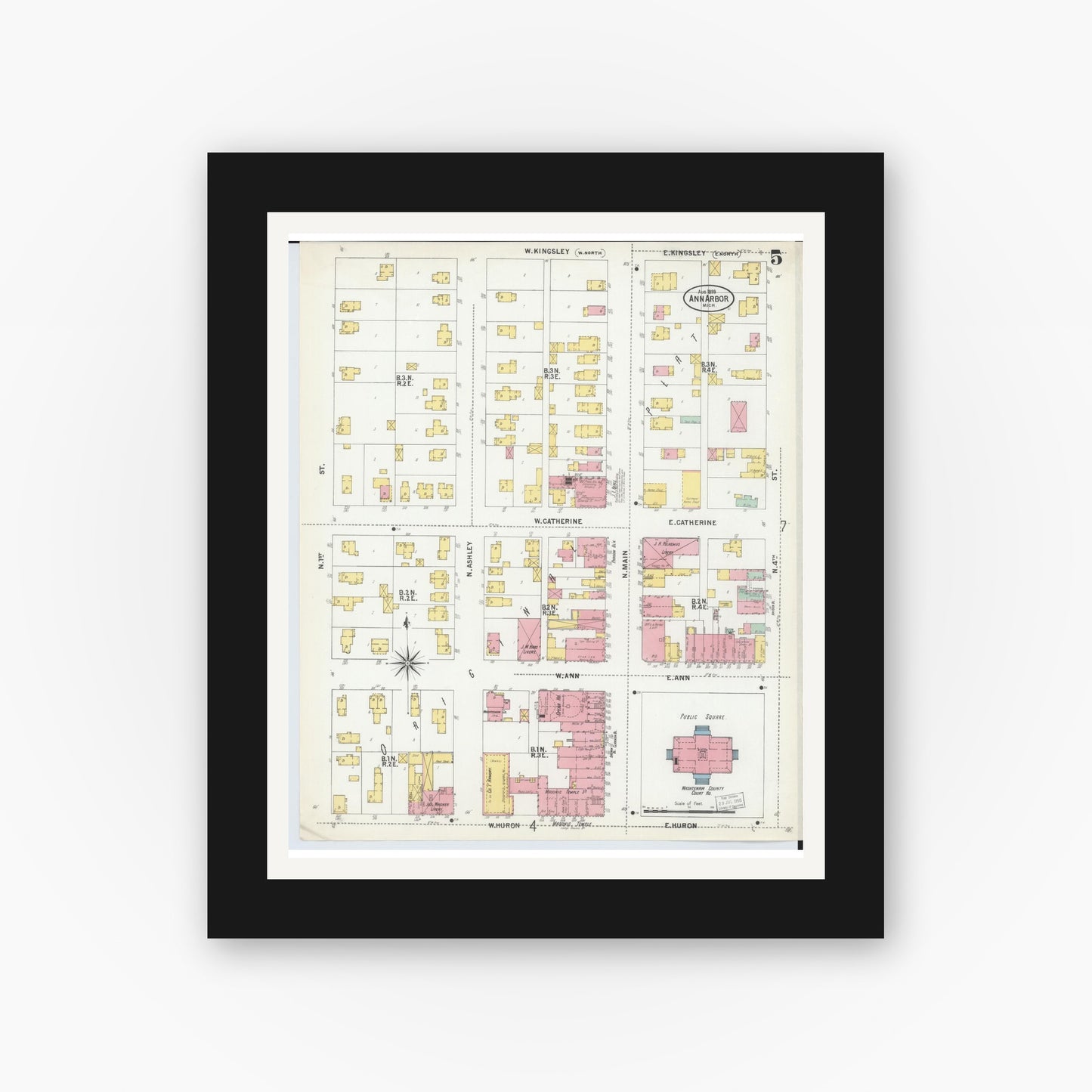 Old map wall art mockup — black gallery frame with white mat — Sanborn Fire Insurance Map from Ann Arbor, Washtenaw County, Michigan (1899), Sheet #0005