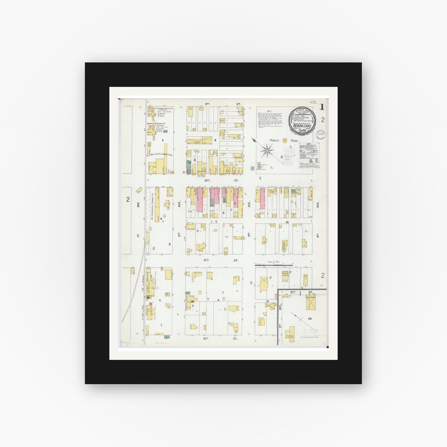 Old map wall art mockup — black gallery frame with white mat — Sanborn Fire Insurance Map from Heron Lake, Jackson County, Minnesota (1900), Sheet #0001
