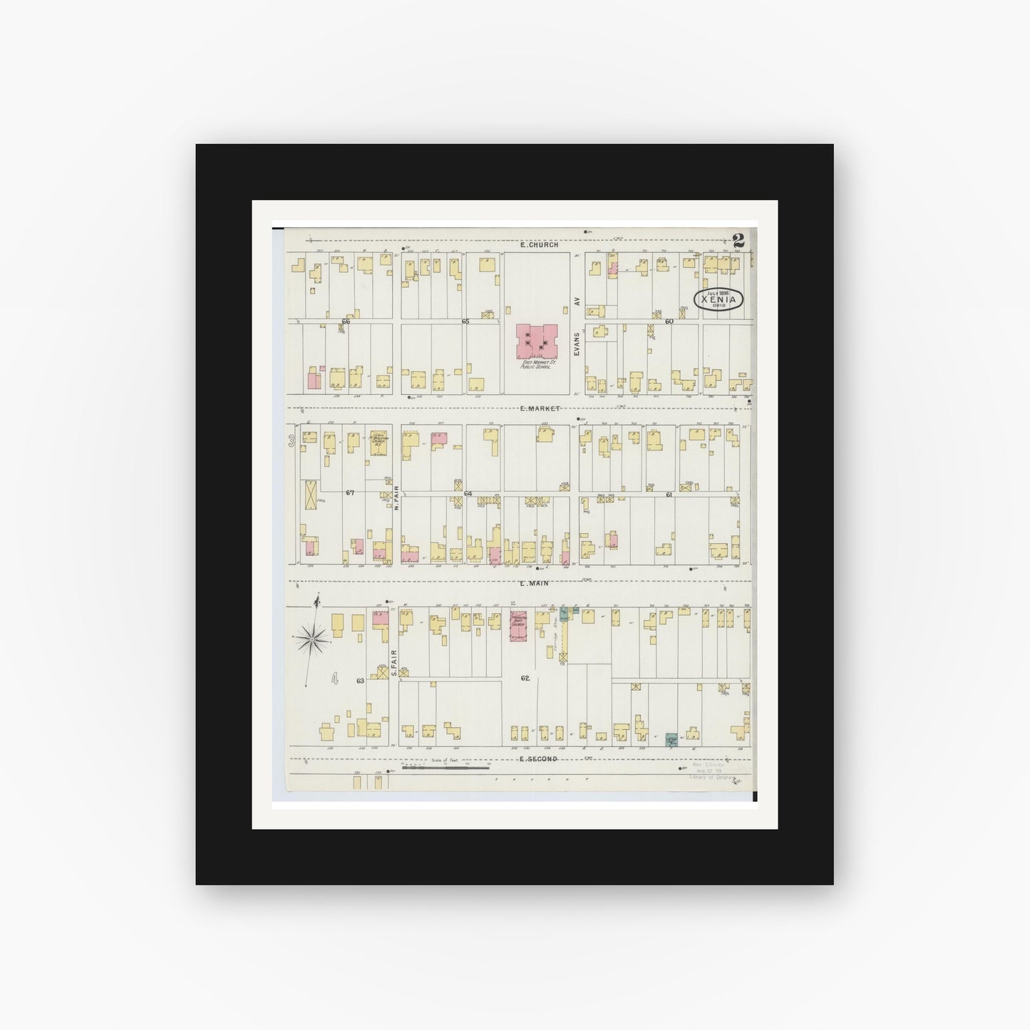 Old map wall art mockup — black gallery frame with white mat — Sanborn Fire Insurance Map from Xenia, Greene County, Ohio (1895), Sheet #0002