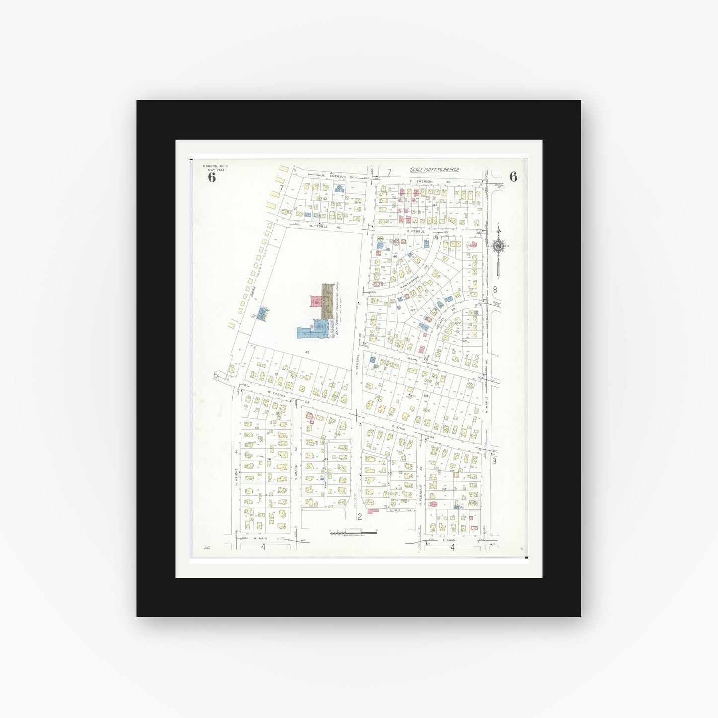 Old map wall art mockup — black gallery frame with white mat — Sanborn Fire Insurance Map from Osborn, Greene County, Ohio (1943), Sheet #0006