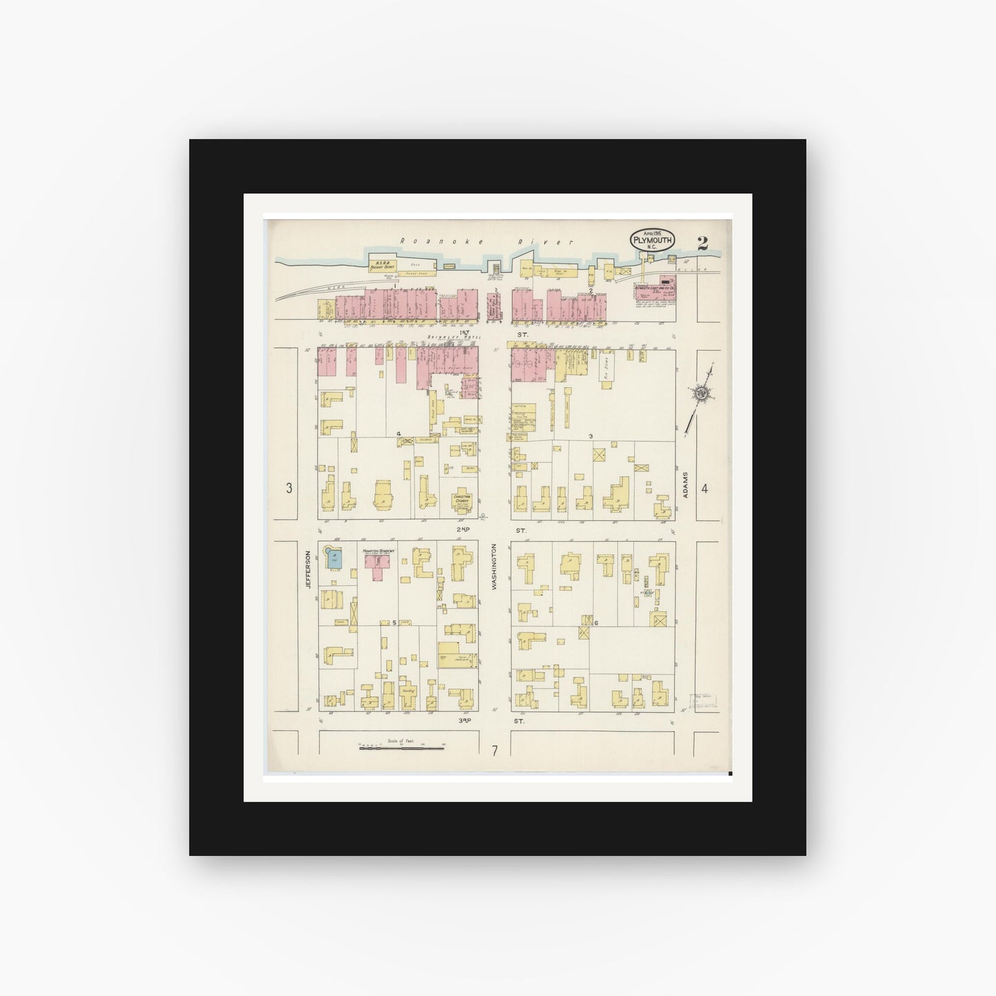 Old map wall art mockup — black gallery frame with white mat — Sanborn Fire Insurance Map from Plymouth, Washington County, North Carolina (1915), Sheet #0002