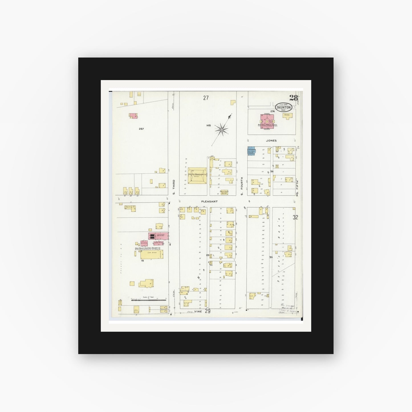 Old map wall art mockup — black gallery frame with white mat — Sanborn Fire Insurance Map from Ironton, Lawrence County, Ohio (1909), Sheet #0028