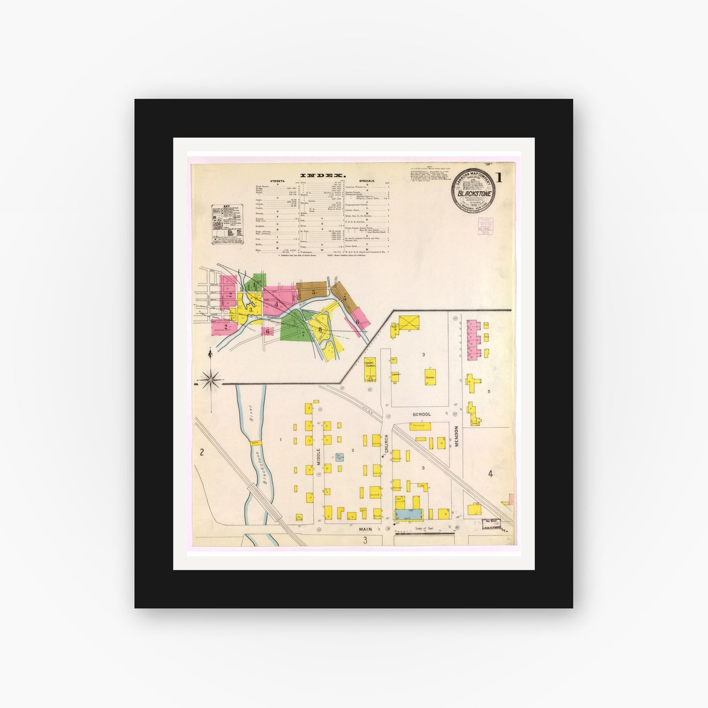 Old map wall art mockup — black gallery frame with white mat — Sanborn Fire Insurance Map from Blackstone, Worcester County, Massachusetts (1903), Sheet #0001