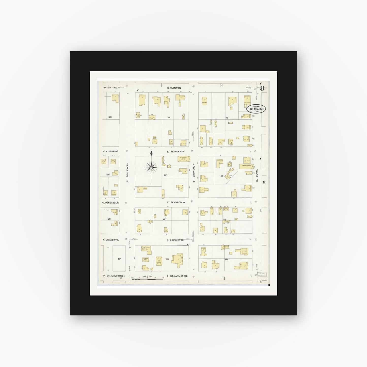 Old map wall art mockup — black gallery frame with white mat — Sanborn Fire Insurance Map from Tallahassee, Leon County, Florida (1909), Sheet #0008