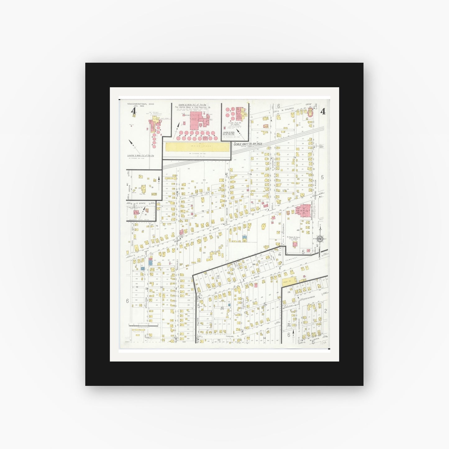 Old map wall art mockup — black gallery frame with white mat — Sanborn Fire Insurance Map from Newcomerstown, Tuscarawas County, Ohio (1933), Sheet #0004