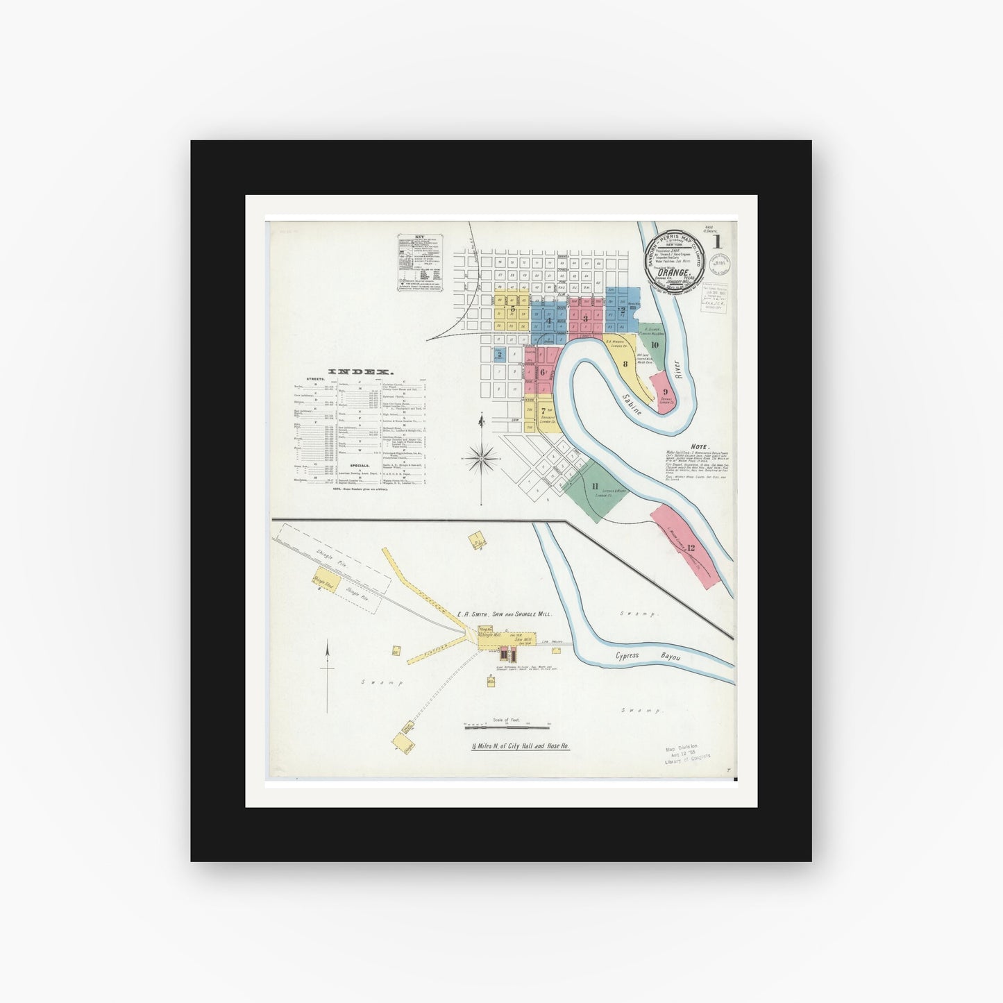 Old map wall art mockup — black gallery frame with white mat — Sanborn Fire Insurance Map from Orange, Orange County, Texas (1901), Sheet #0001