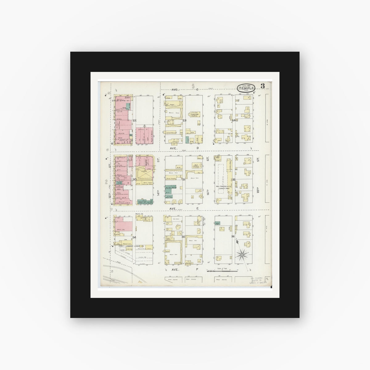 Old map wall art mockup — black gallery frame with white mat — Sanborn Fire Insurance Map from Temple, Bell County, Texas (1893), Sheet #0003
