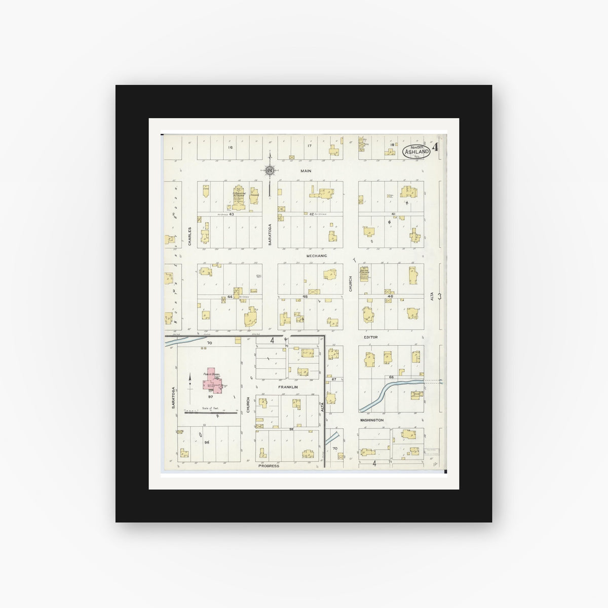 Old map wall art mockup — black gallery frame with white mat — Sanborn Fire Insurance Map from Ashland, Cass County, Illinois (1909), Sheet #0004