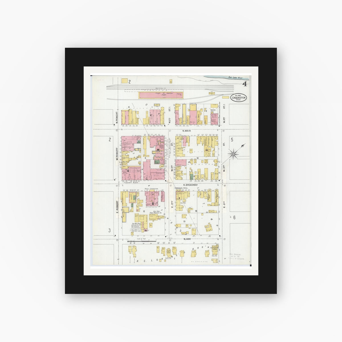 Old map wall art mockup — black gallery frame with white mat — Sanborn Fire Insurance Map from Crookston, Polk County, Minnesota (1900), Sheet #0004